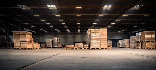 Freight pallet stacked in empty warehouse - obrazy, fototapety, plakaty