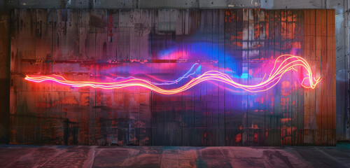 Vibrant neon paint flowing dynamically across a dark wall backdrop.