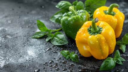 Vibrant yellow bell peppers covered in water droplets for a fresh vegetable backdrop - obrazy, fototapety, plakaty
