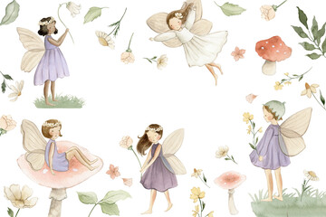 Fairy watercolor illustration, flower fairy, spring fairies 