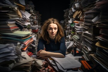 Tired businesswoman surrounded by paperwork, feeling overwhelmed and exhausted at work office