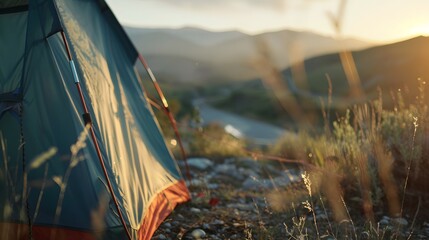 Camping tent close up concept of traveling while crossing landscape.