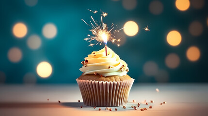 Delicious festive cupcakes with sparkler candles on table, light background - obrazy, fototapety, plakaty