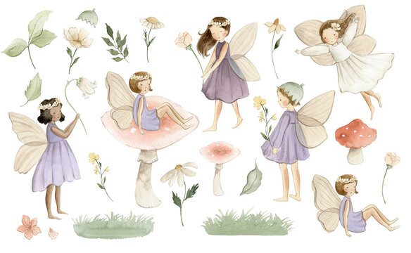 Fairies watercolor illustration, flower fairy, spring fairies 