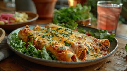 Cannelloni with cheese and herbs on a plate with salad