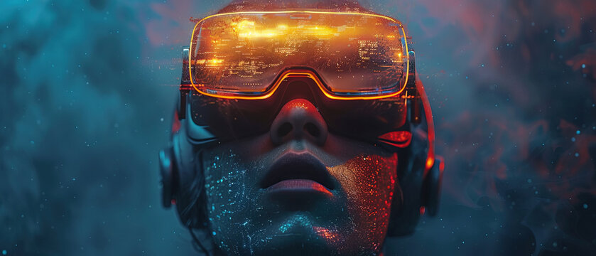 People wearing VR reality, Virtual Reality Headset, real 4D, Realism of technology, Close up portrait VR woman form, taste, smell, sound
, Ratio 21:9 VR concept copy space