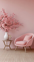 Modern cozy armchair interior design home living room or color wall furniture decor. Stylish trendy minimal chair and table with house decoration luxury contemporary background. Furniture store ads .