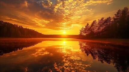 Serene sunset over a calm lake, reflecting the golden sky and silhouetted trees