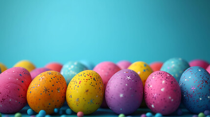 Obraz premium Colorful dyed easter eggs on blue background.