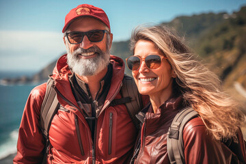 Portrait of an elderly couple traveling together, admiring the beautiful landscape and nature, feeling young and free