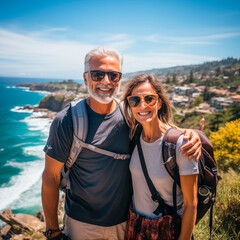 Portrait of an elderly couple traveling together, admiring the beautiful landscape and nature, feeling young and free