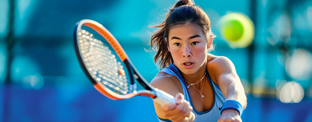 Asian female tennis player hitting ball with racket