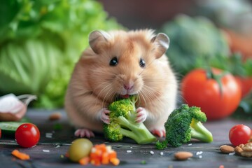 Cute Hamster Eating Broccoli Surrounded by Vegetables - obrazy, fototapety, plakaty