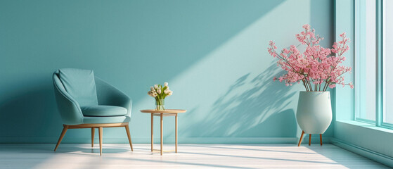 Modern cozy armchair interior design home living room or color wall furniture decor. Stylish trendy minimal chair and table with house decoration luxury contemporary background. Furniture store ads .