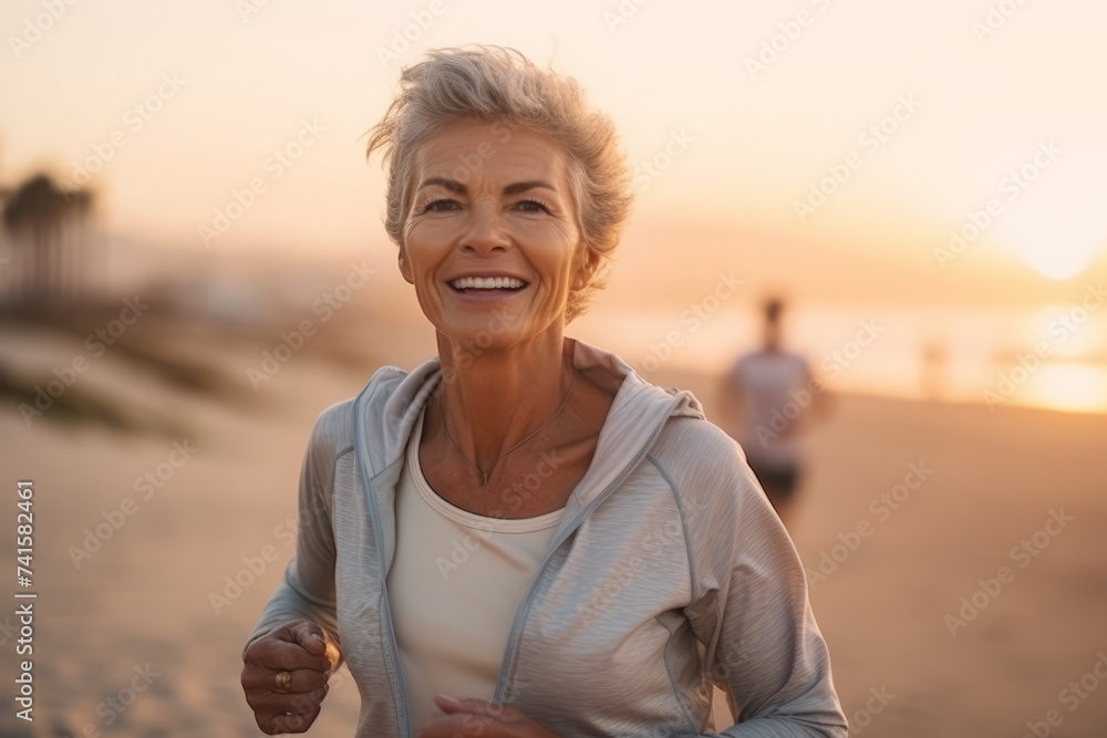 Sticker Portrait of happy senior woman jogging on beach at sunrise.