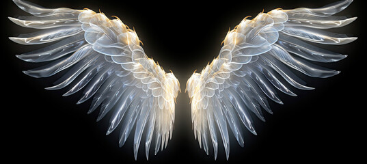 Glowing angel wings illuminated on black. background
