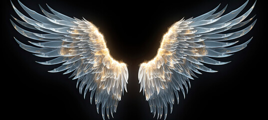 Glowing angel wings illuminated on black. background