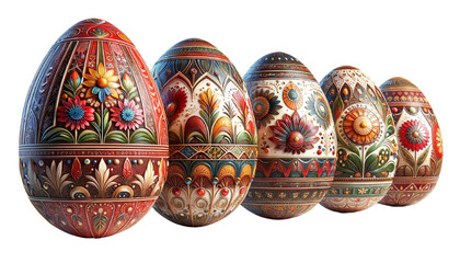 Variety of decorative Easter eggs with ornate floral designs and vibrant colors on a black background. Easter and springtime celebration theme for posters, banners, and textile design.