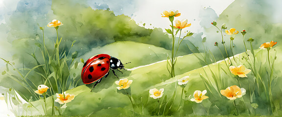 A lone ladybug in a green field full of flowers. Ladybug illustration in watercolor style.