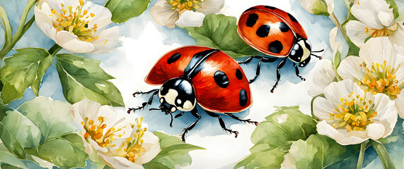 Two ladybugs and a white flower in full bloom. Ladybug illustration in watercolor style.