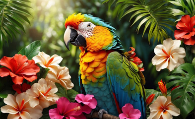 Colorful parrot on a branch with tropical flowers on palm green leaves background. AI generated