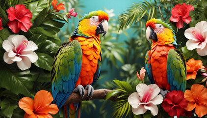 Two colorful parrots on a branch with tropical flowers on palm green leaves background. AI generated