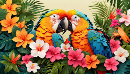 Two colorful parrots on a branch with tropical flowers on palm green leaves background. AI generated