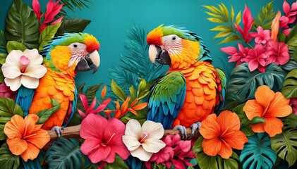Two colorful parrots on a branch with tropical flowers on palm green leaves background. AI generated