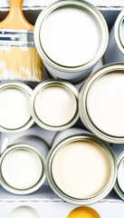 Home Renovation Planning with a Variety of Paint Cans and Brushes