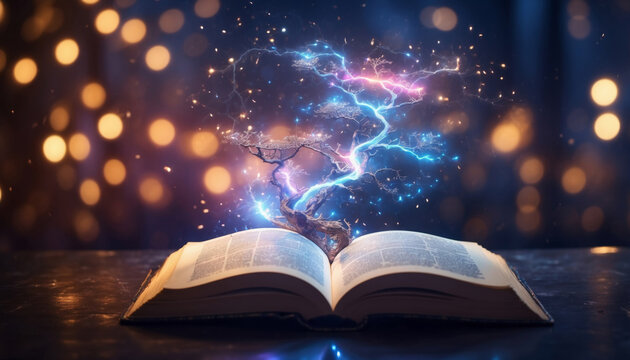 Open sacred book with glowing lights. AI generated