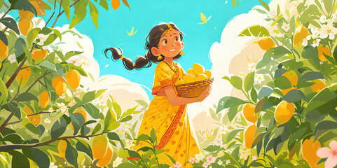  Indian girl  in traditional saree with  basket of mangoes in garden. Holiday and cultural concept. Image for festive poster, greeting card, or invitation. Banner with copy space - obrazy, fototapety, plakaty