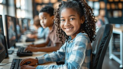 Diverse group of children engaged in computer learning in school classroom setting