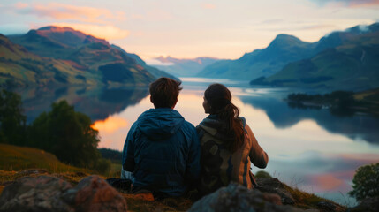 A couple sits closely together, enjoying a tranquil sunset over a calm mountain lake. - obrazy, fototapety, plakaty