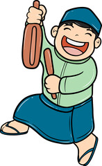 Cartoon of a boy holding a traditional kentungan