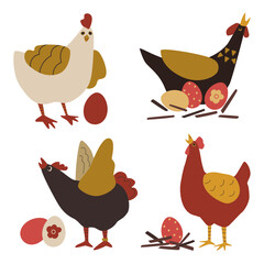 Agriculture. Layers with eggs. Domestic birds in the countryside. Collection of vector illustrations, isolated objects on a white background.
