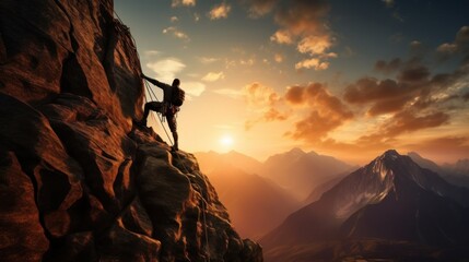 Black silhouette of a climber on a cliff rock with mountains landscape and sunset sunrise as a background. Active extreme sports time spending concept. - obrazy, fototapety, plakaty