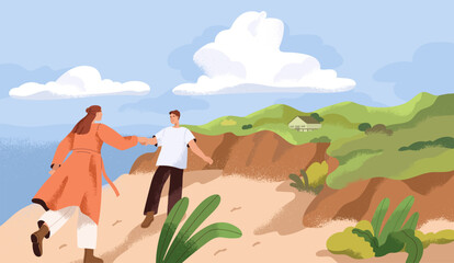 Love couple walking in nature. Happy free man and woman at sea coast. Romantic date, stroll at countryside. Calm peaceful rural landscape with grass, water and people. Flat vector illustration - obrazy, fototapety, plakaty