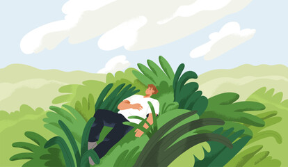 Character relaxing in nature, dreaming, sleeping alone. Calm serene summer landscape with man reposing, resting. Relaxation, peace, freedom, wellness, psychology concept. Flat vector illustration