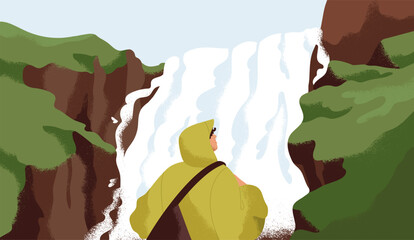 Character travel in nature, looking at waterfall. Man explorer, hiker tourist in peace, calm tranquil serene landscape. Adventure, freedom, serenity, psychology concept. Flat vector illustration - obrazy, fototapety, plakaty