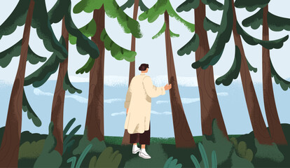 Character exploring nature, walking in forest, going to sea. Adventure, stroll in peaceful calm serene landscape, woods. Tranquility, peace, serenity, psychology concept. Flat vector illustration - 741585601