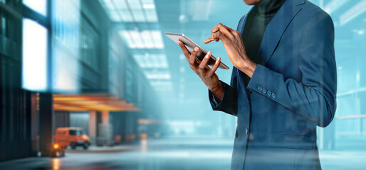 African man finger touch tablet in warehouse. Ai generative illustration