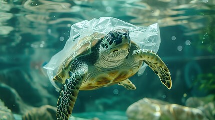 A sea turtle tragically ensnared in a transparent plastic bag, highlighting the issue of marine pollution. Sea Turtle Entangled in Plastic. AI