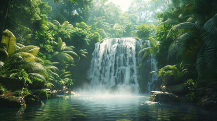 In the heart of the verdant, enchanted forest, radiant sun rays filter through the canopy, accentuating the beauty of a tranquil waterfall with a touch of magic.