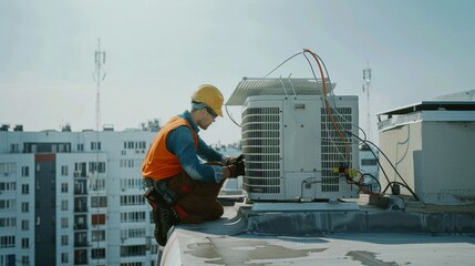 A determined blue-collar worker braves the snowy streets to repair a building's air conditioner, gazing up at the clear sky above