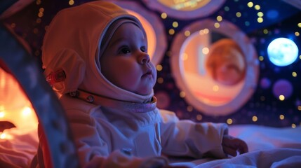 A curious woman gazes in awe at the tiny human face peeking out from within a miniature space suit, bathed in the soft light of an indoor room - obrazy, fototapety, plakaty