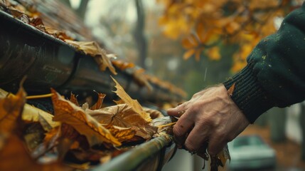 Obraz premium A person's hand gently grasps a leaf-strewn gutter, the crisp autumn air enveloping them as they stand among the vibrant fall trees, their clothing a reflection of the changing season