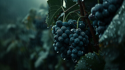 Glistening droplets of rain on clusters of ripe grapes hanging from the vine, illuminated by the...