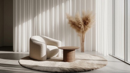 Modern cozy armchair interior design home living room or color wall furniture decor. Stylish trendy minimal chair and table with house decoration luxury contemporary background. Furniture store ads .