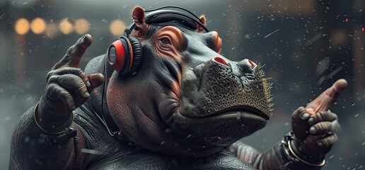 Fototapeta na wymiar A hippopotamus wearing headphones is pointing its finger against a bright background. Generated AI