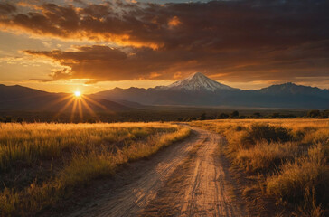 sunset in the mountains and dirt road